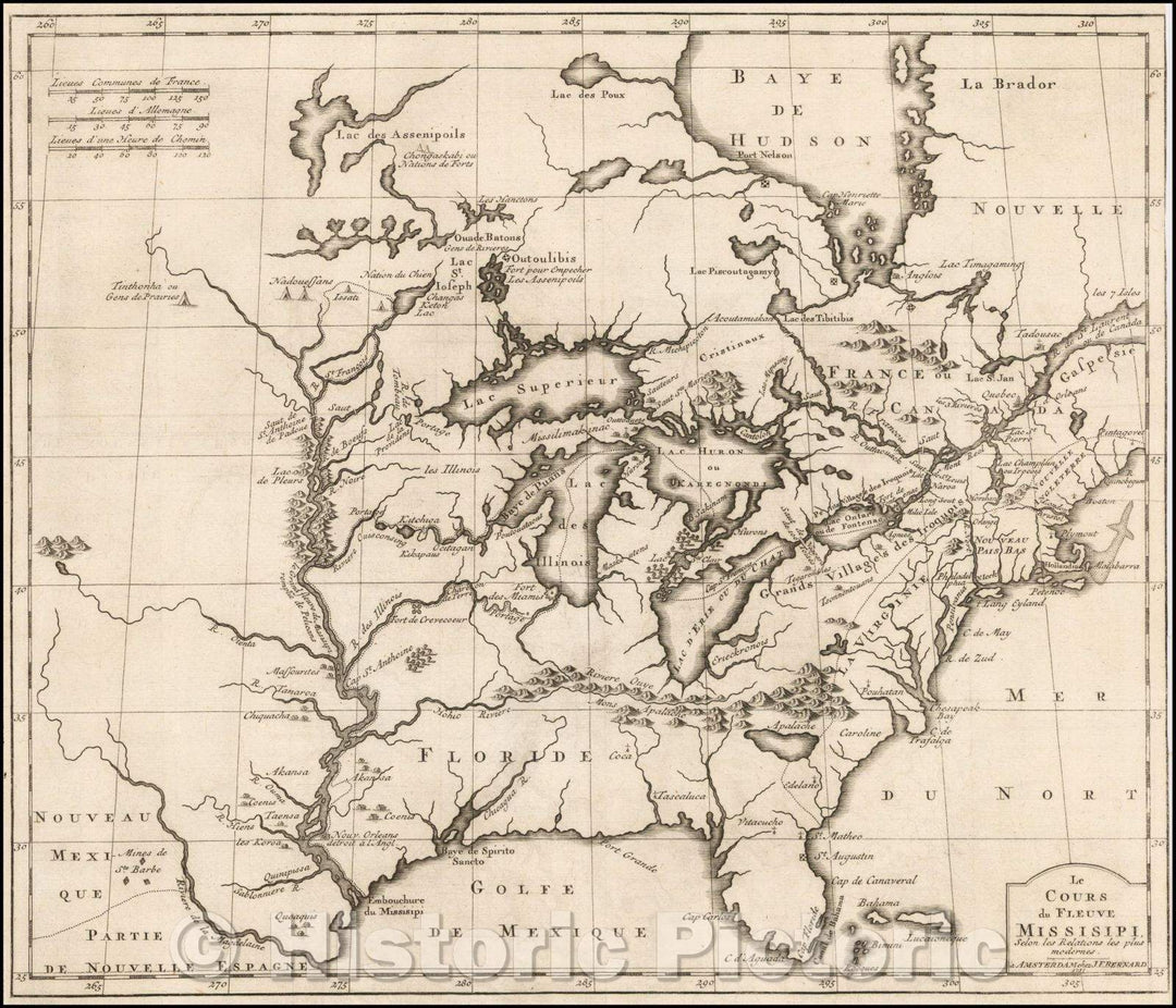 Historic Map - Le Cours du Fleuve Missisipi, selon les Relations les plus moderns. A Amsterdam chez, 1737, J.F. Bernard - Vintage Wall Art