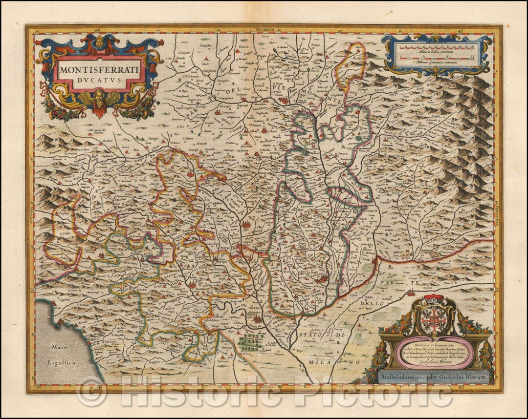 Historic Map - Montisferrati Ducatus/Blaeu's Regional Map of Northern Italy, Turin, Alba, Aste, Allesandria della Paglia, 1640, Willem Janszoon Blaeu - Vintage Wall Art