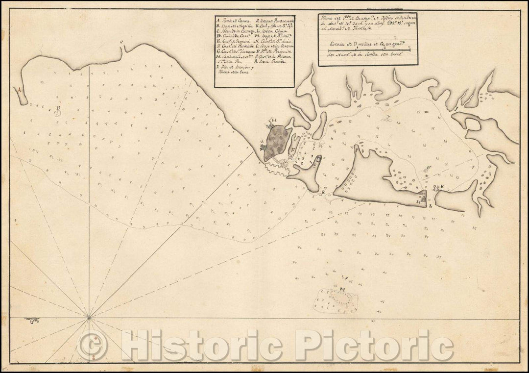 Historic Map - Plano del Pto de Cartaga de Indias Situado/Plane Pto de Indias Located Cartaga, 1784, Anonymous - Vintage Wall Art