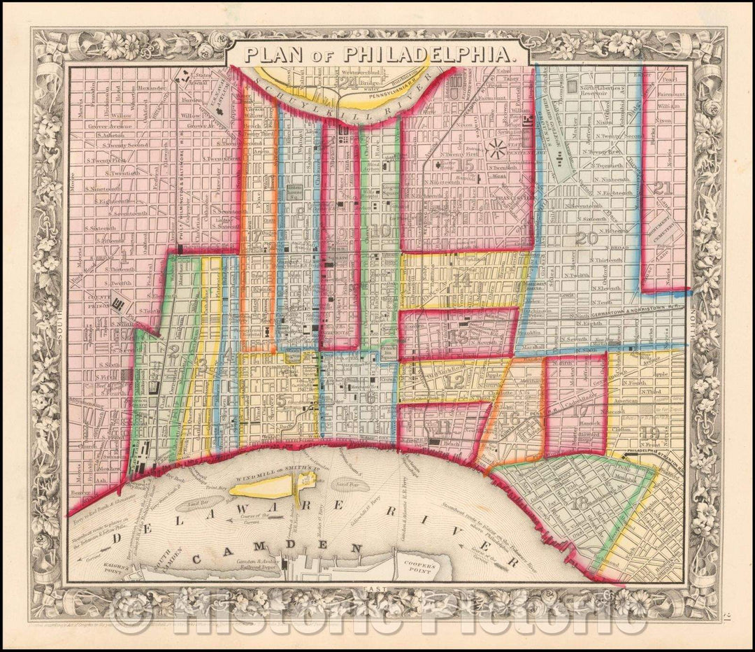 Historic Map - Plan of Philadelphia, 1865, Samuel Augustus Mitchell Jr. - Vintage Wall Art