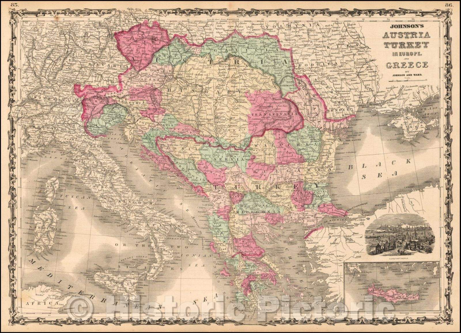 Historic Map - Johnson's Austria Turkey in Europe and Greece, 1866, Benjamin P Ward - Vintage Wall Art