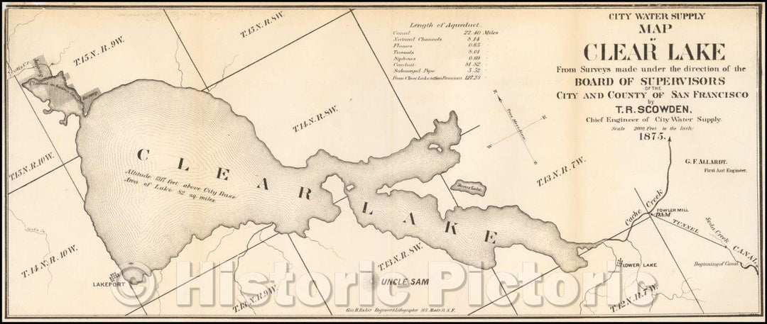 Historic Map - City Water Supply Map of Clear Lake From Surveys made, 1875, George Holbrook Baker - Vintage Wall Art