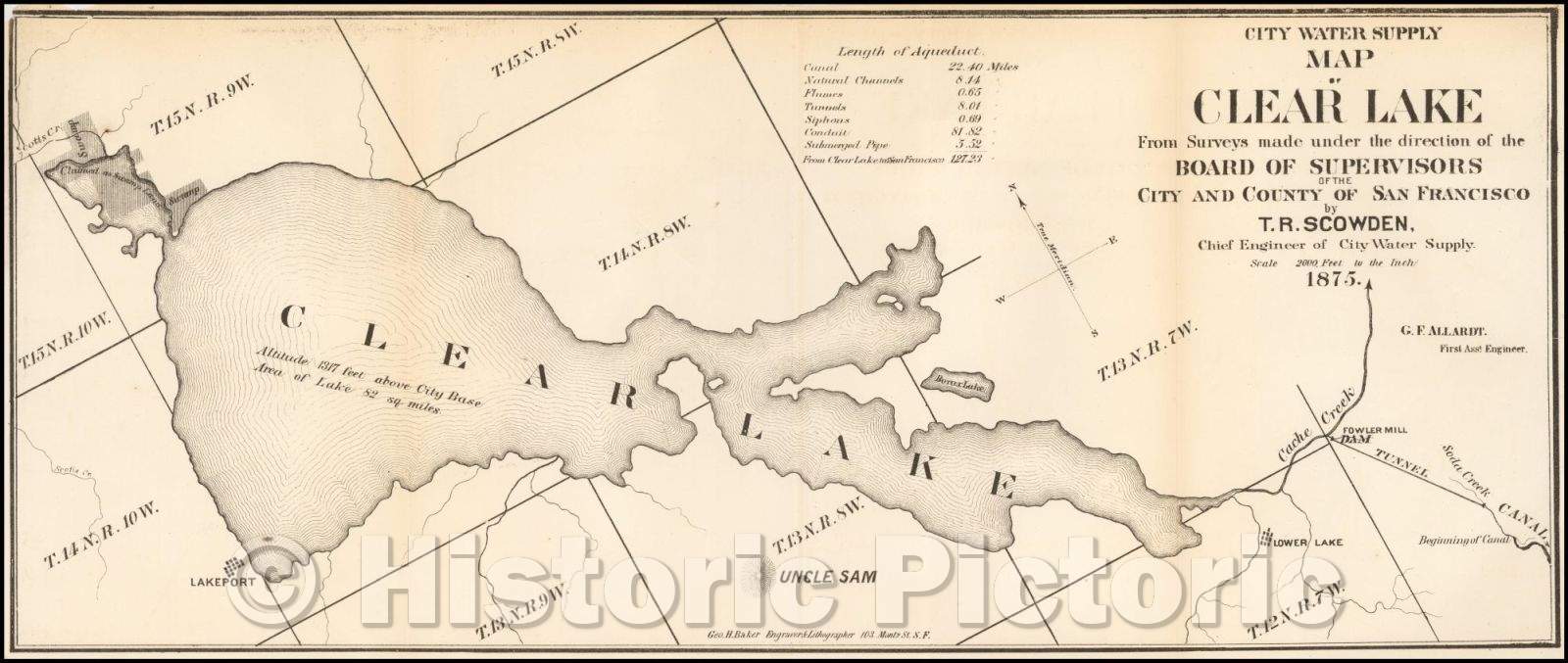 Historic Map - City Water Supply Map of Clear Lake From Surveys made, 1875, George Holbrook Baker - Vintage Wall Art