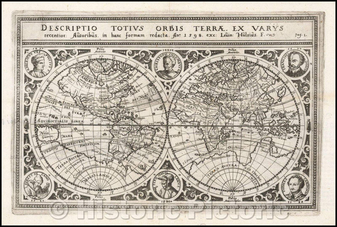 Historic Map - Double hemisphere map of the World/Descriptio Totius Orbis Terrae, 1598 - Vintage Wall Art