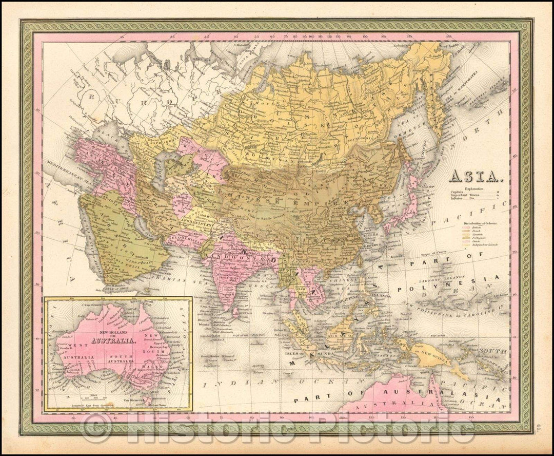 Historic Map - Asia [with large inset of Australia], 1850, Samuel Augustus Mitchell - Vintage Wall Art