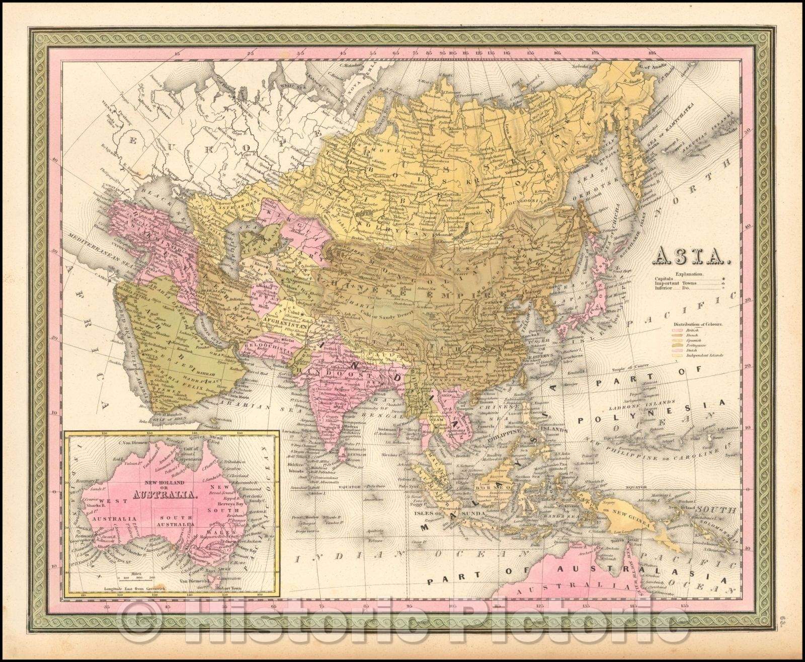 Historic Map - Asia [with large inset of Australia], 1850, Samuel Augustus Mitchell - Vintage Wall Art