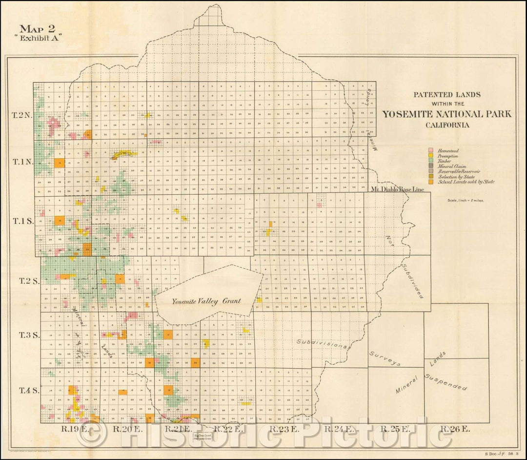 Historic Map - Patented Lands within the Yosemite National Park California, 1904, Norris Peters Co. - Vintage Wall Art