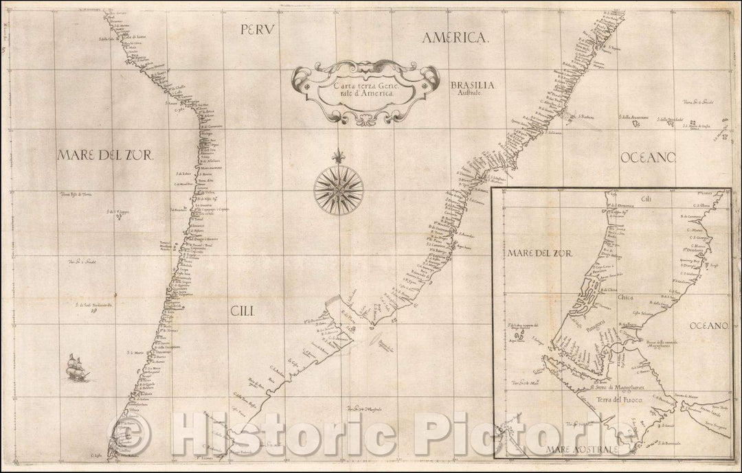 Historic Map - Southern Part of South America/Carta terza Generale d'America, 1646, Robert Dudley - Vintage Wall Art