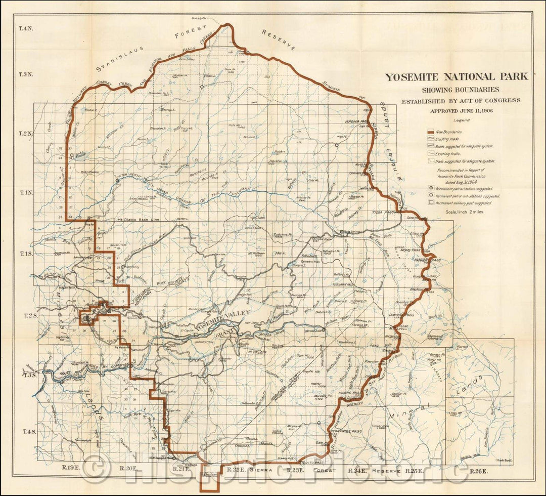 Historic Map - Yosemite National Park Showing Boundaries Established, 1906, United States Department of the Interior - Vintage Wall Art