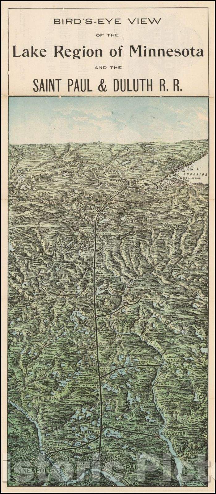 Historic Map - Bird's-Eye View of the Lake Region of Minnesota and the Saint Paul & Duluth R.R, 1896, Poole Brothers - Vintage Wall Art