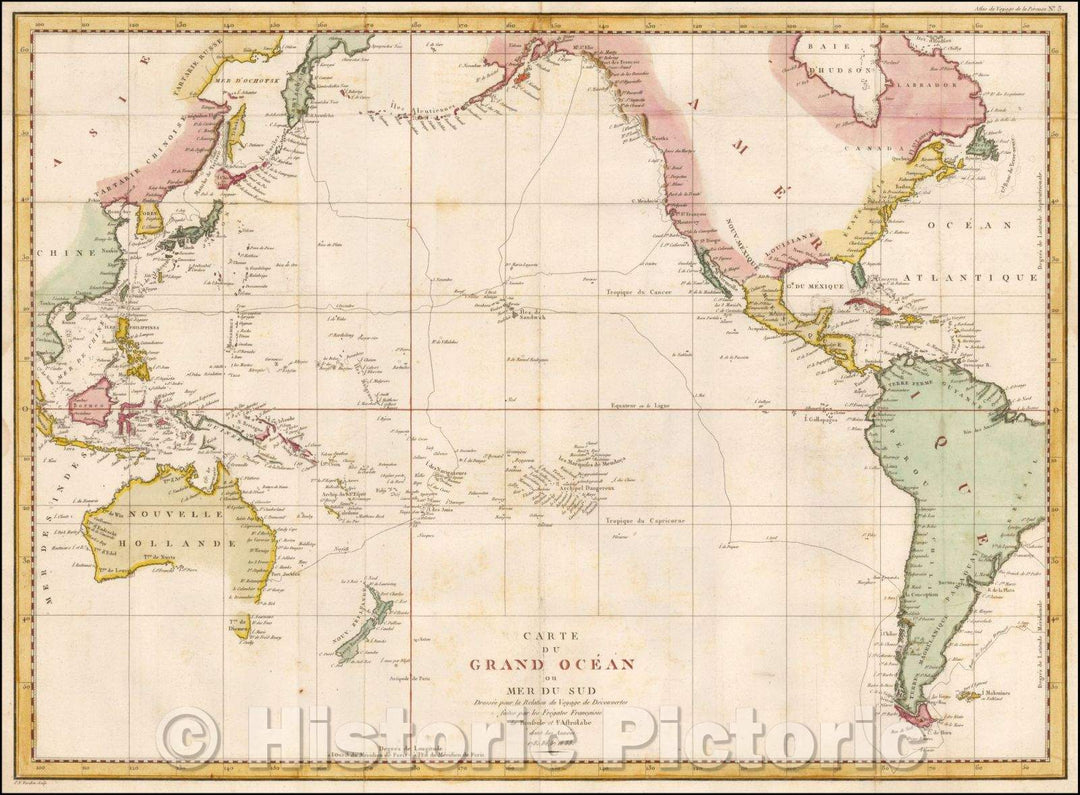 Historic Map - Carte Du Grand Ocean ou Mer du Sud Dressee pour la Relation du Voyage de D :: The Grand Ocean or South Sea Discoveries pitched for the travel, 1797 - Vintage Wall Art