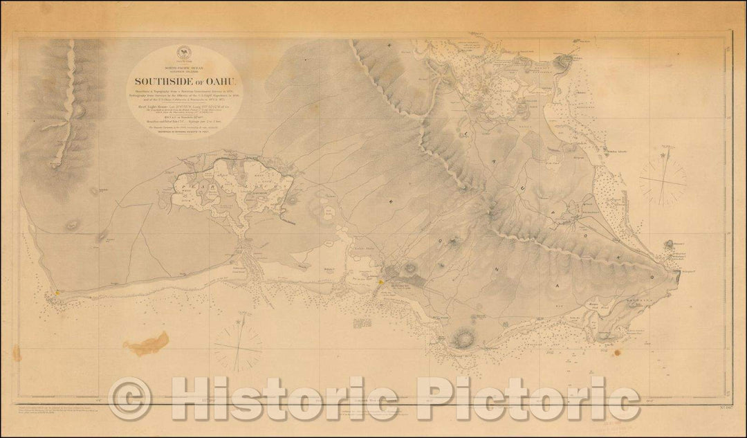 Historic Map - Southside of Oahu. Shorelines & Topography from a Hawaiian Government Survey in ; Hydrography from Surveys, 1880 - Vintage Wall Art