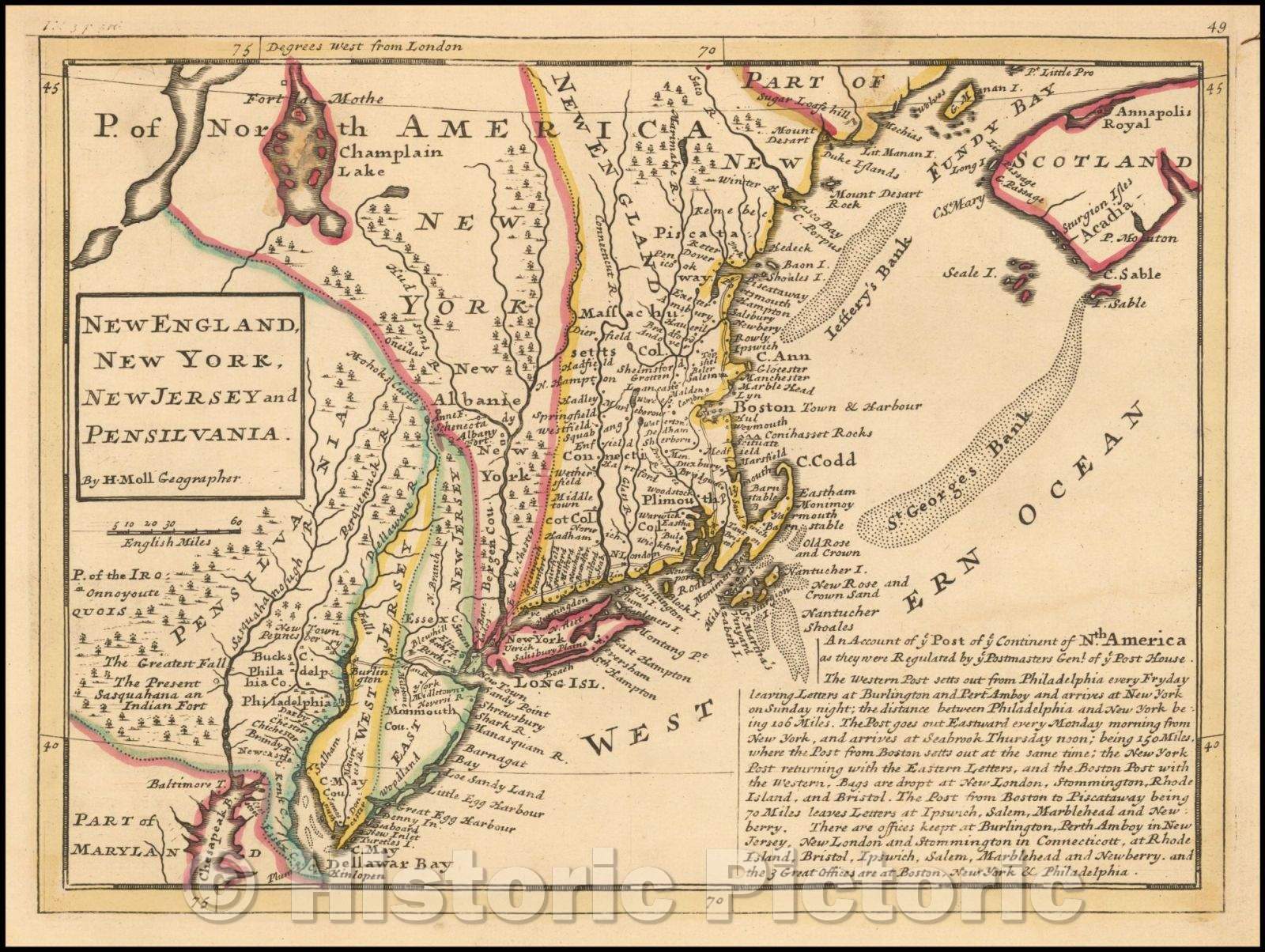 Historic Map - New England, New York, New Jersey and Pensilvania (First map to show American post roads), 1729, Herman Moll v1