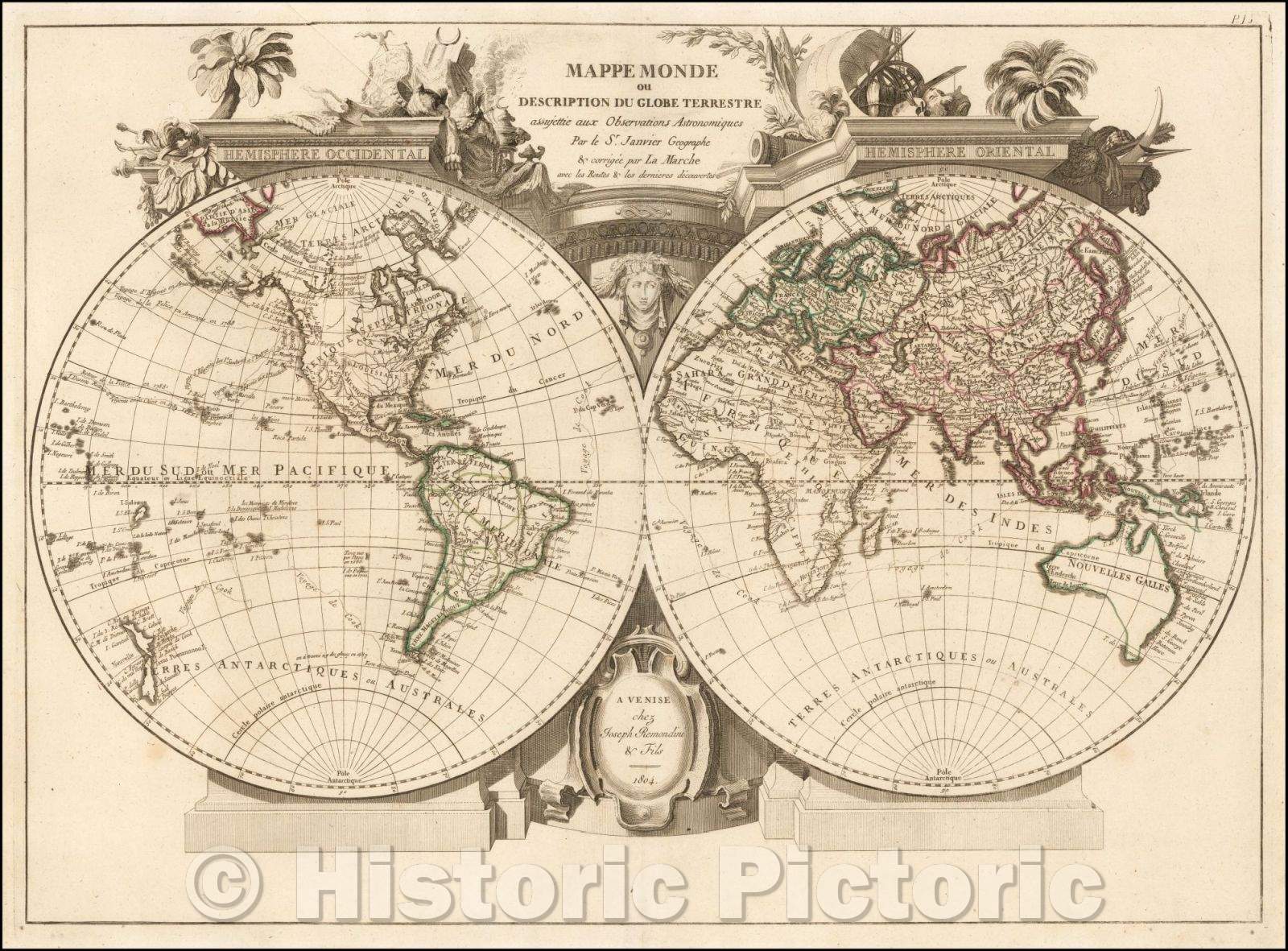 Historic Map - Mappe Monde ou Description Du Globe Terrestre assu/Double hemisphere Map of the World, published in Venice, 1804, Joseph Remondini & Fils - Vintage Wall Art