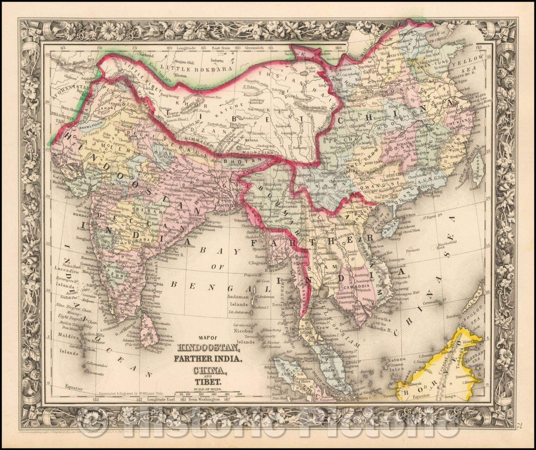 Historic Map - Map of Hindoostan, Farther India, China and Tibet, 1861, Samuel Augustus Mitchell Jr. - Vintage Wall Art