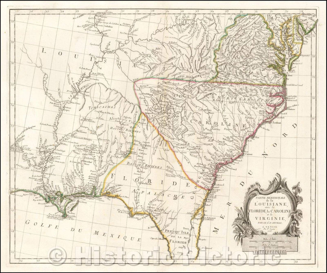 Historic Map - Partie Meridionale de la Louisiane, avec la Floride, la Caroline et la Virginie, Par Le Sr. D'Anville, 1776, Paolo Santini - Vintage Wall Art