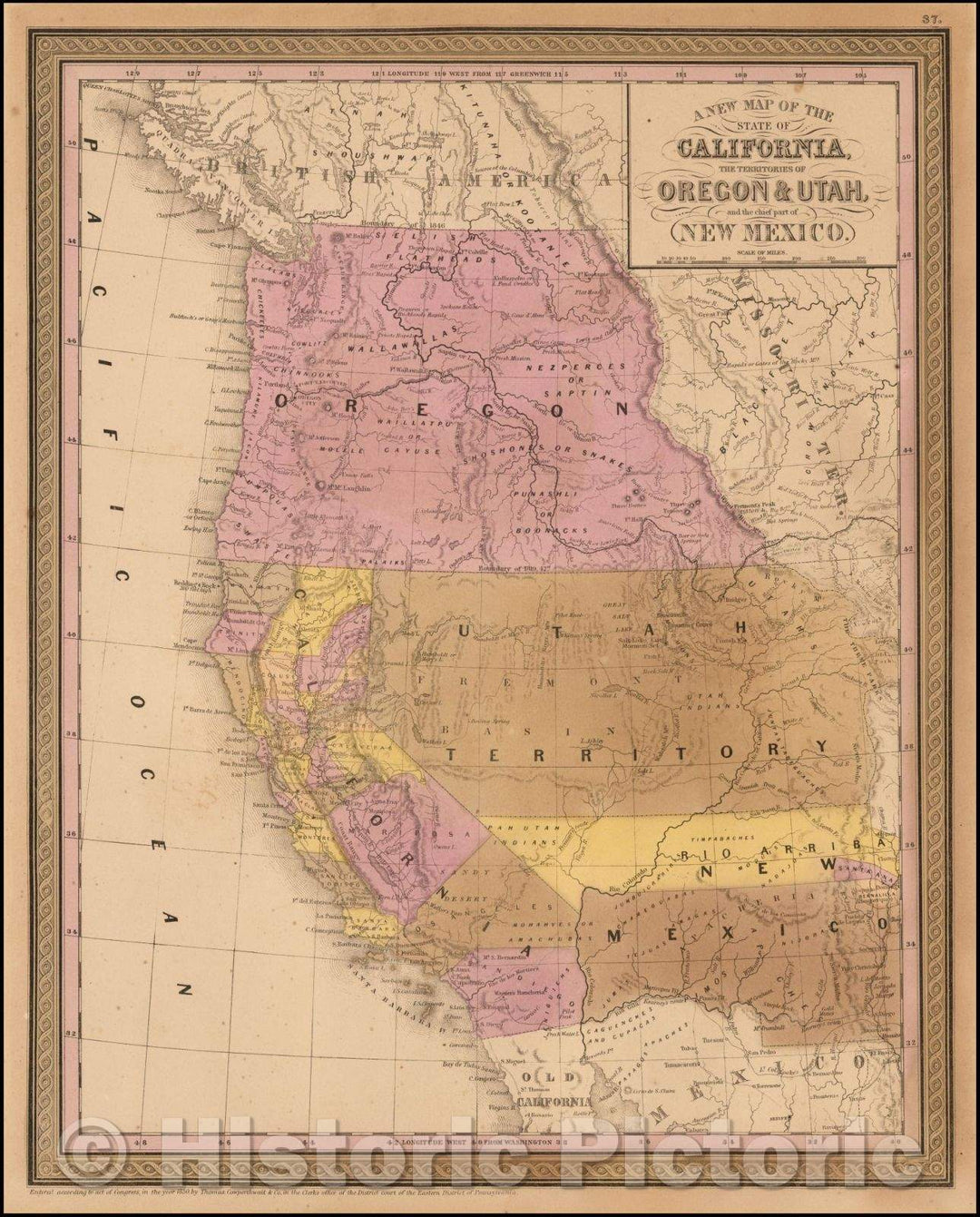 Historic Map - The State Of California, The Territories Of Oregon & Utah, and the Chief part of New Mexico, 1851, Thomas, Cowperthwait & Co. v1