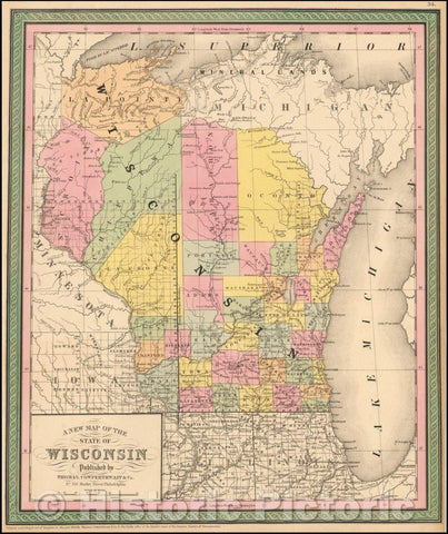 Historic Map - The State of Wisconsin, 1852, Thomas, Cowperthwait & Co. - Vintage Wall Art