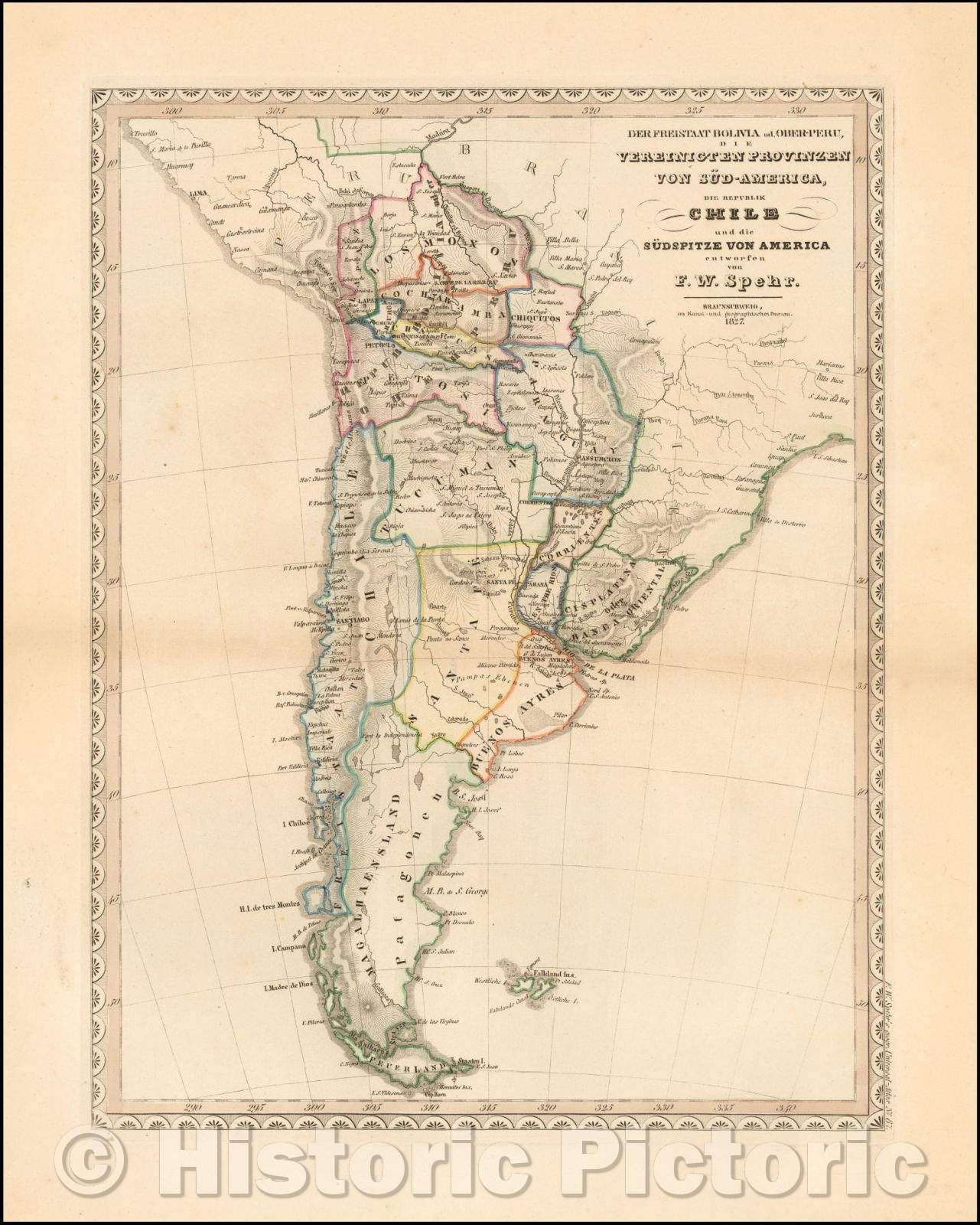 Historic Map - Der Freistaat Bolivia od Ober-Peru, die Vereingigten Provinzen von Sud-Amerika/Map of the Southern part of South America, 1827 - Vintage Wall Art