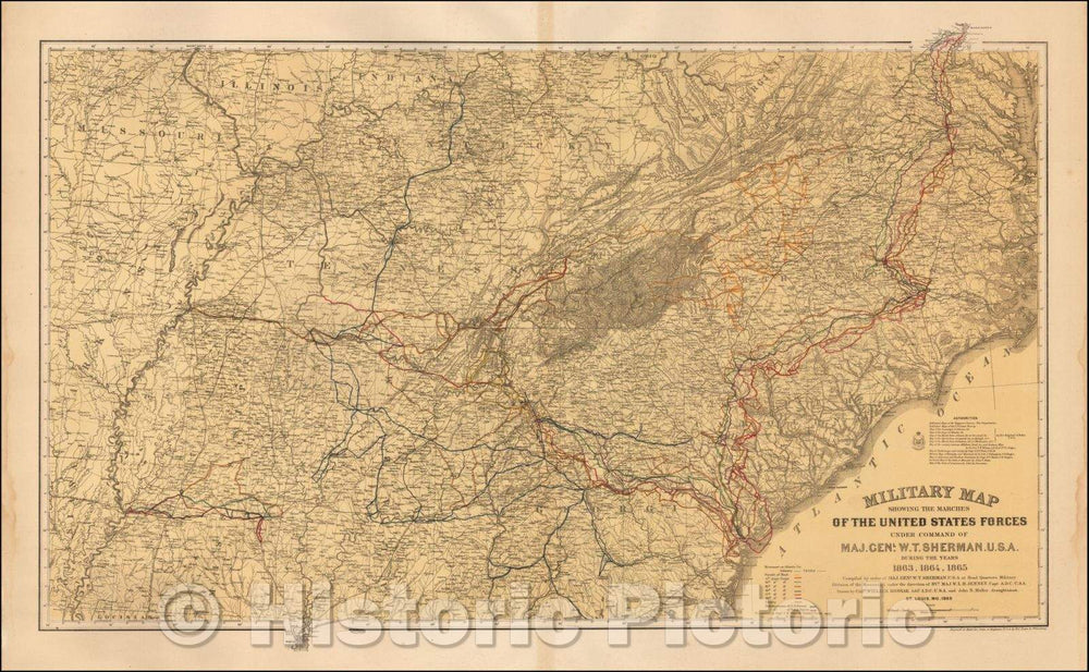 Historic Map - Military Map Showing the Marches of the United States Forces Under Command of Maj. Genl. W.T. Sherman, 1865, U.S. Army Corps of Engineers - Vintage Wall Art