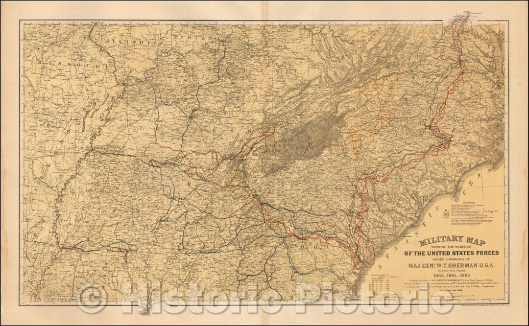 Historic Map - Military Map Showing the Marches of the United States Forces Under Command of Maj. Genl. W.T. Sherman, 1865, U.S. Army Corps of Engineers - Vintage Wall Art