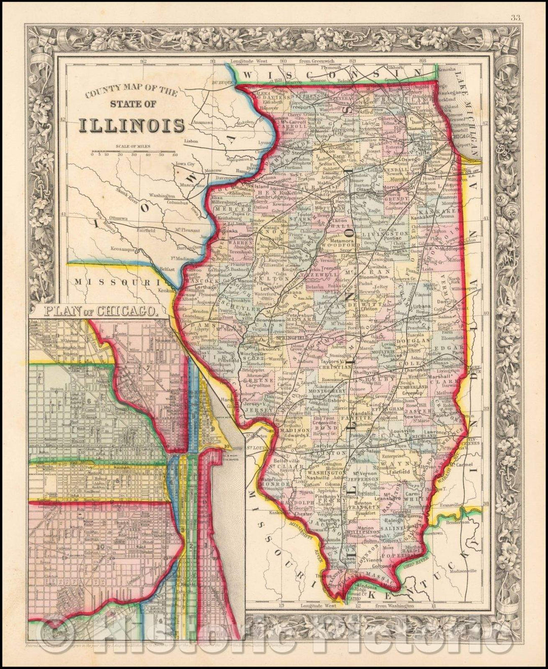 Historic Map - County Map of the State of Illinois, 1861, Samuel Augustus Mitchell Jr. v1