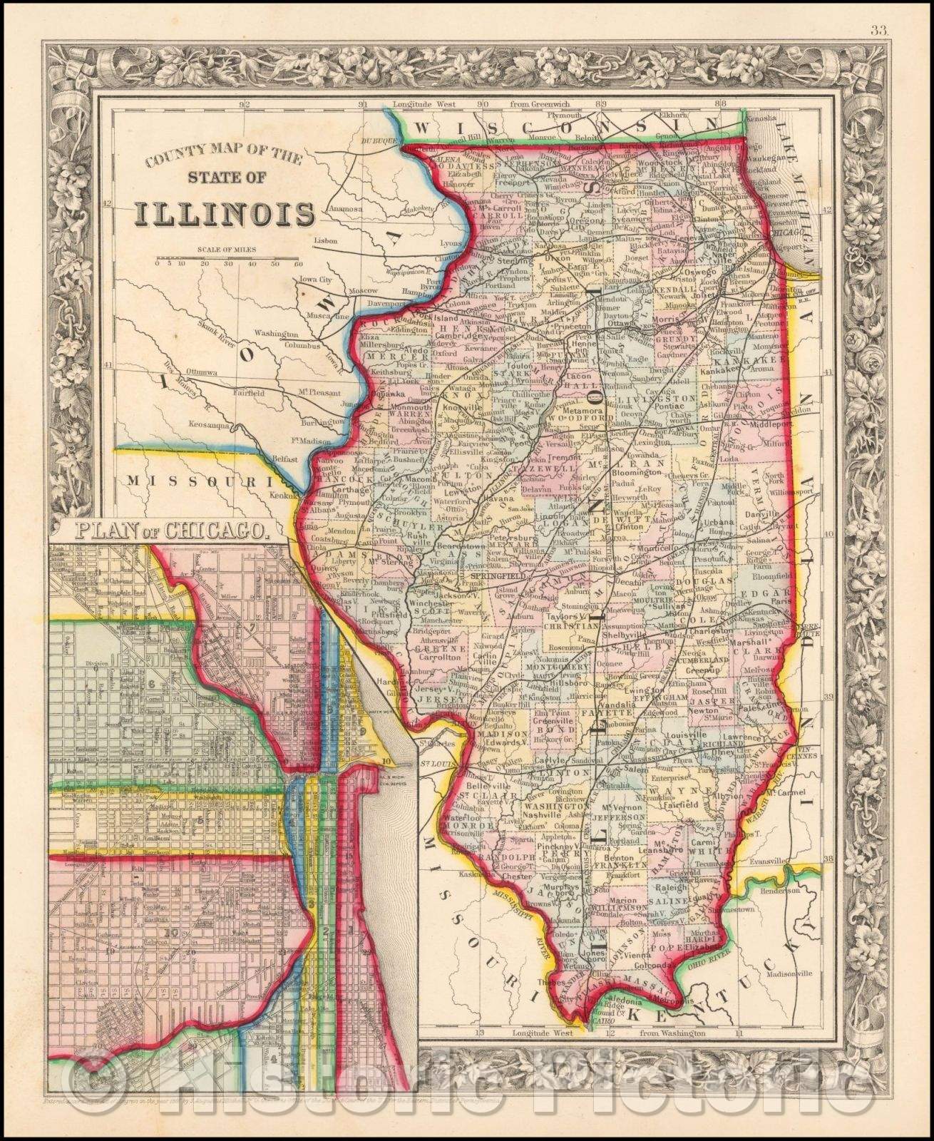 Historic Map - County Map of the State of Illinois, 1861, Samuel Augustus Mitchell Jr. v1