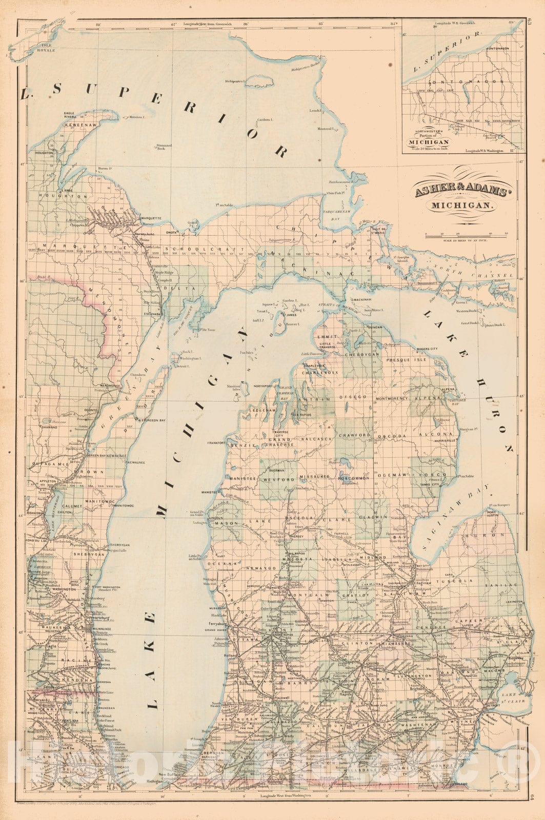 Historic Map - Asher & Adams' Michigan, 1872, Asher - Vintage Wall Art