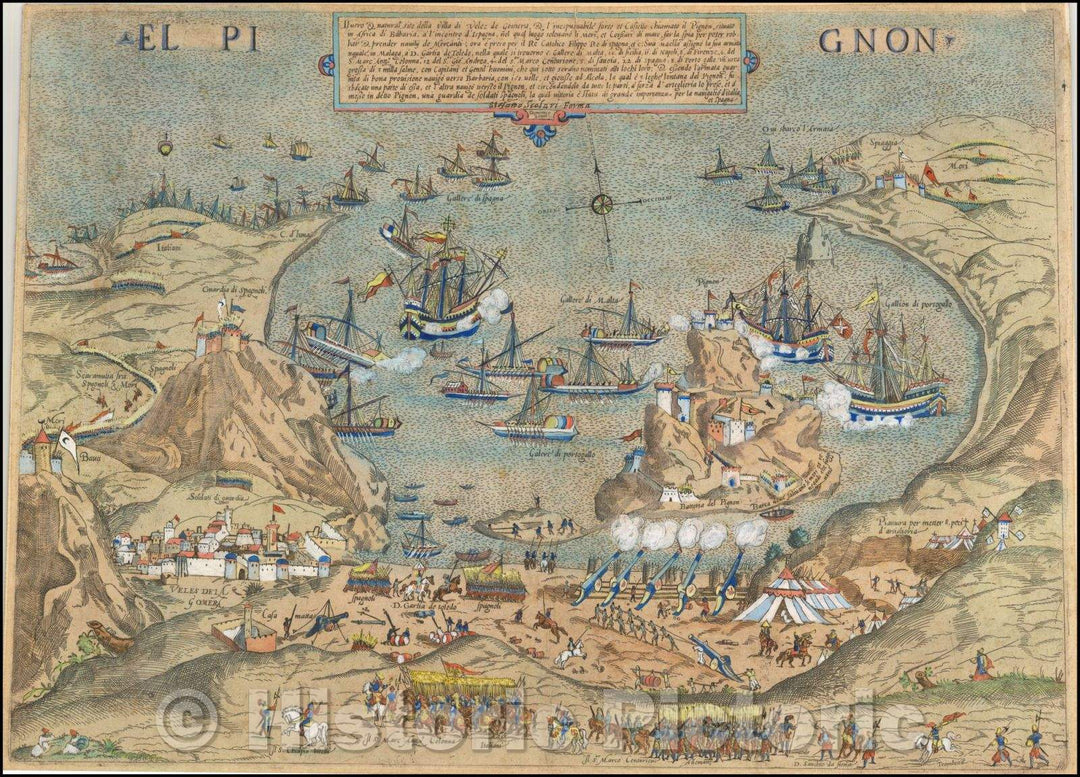 Historic Map - El Pignon :: Il vero & natural sito della Villa di Velez de Gomera, l'inespugnabile forte et castello chiamato il Pignon, Africa di Barb, 1564 - Vintage Wall Art