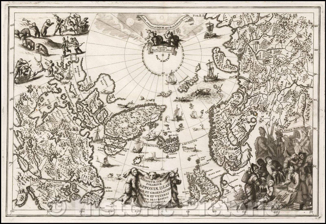 Historic Map - Regionum Circum Polarium Lapponiae Islandiae et Groenlandiae Novae et Vete :: Polarium Lapland region around Iceland and Groenlandiae, 1701 - Vintage Wall Art