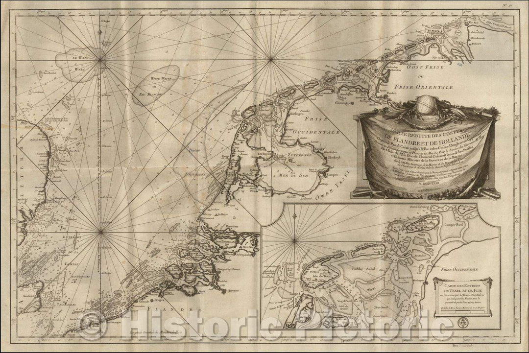 Historic Map - Carte Reduite Des Costes De Flandre et Hollande Depuis le Pas de Calais ju :: Costes Reduite From Flanders and the Netherlands, 1763 - Vintage Wall Art