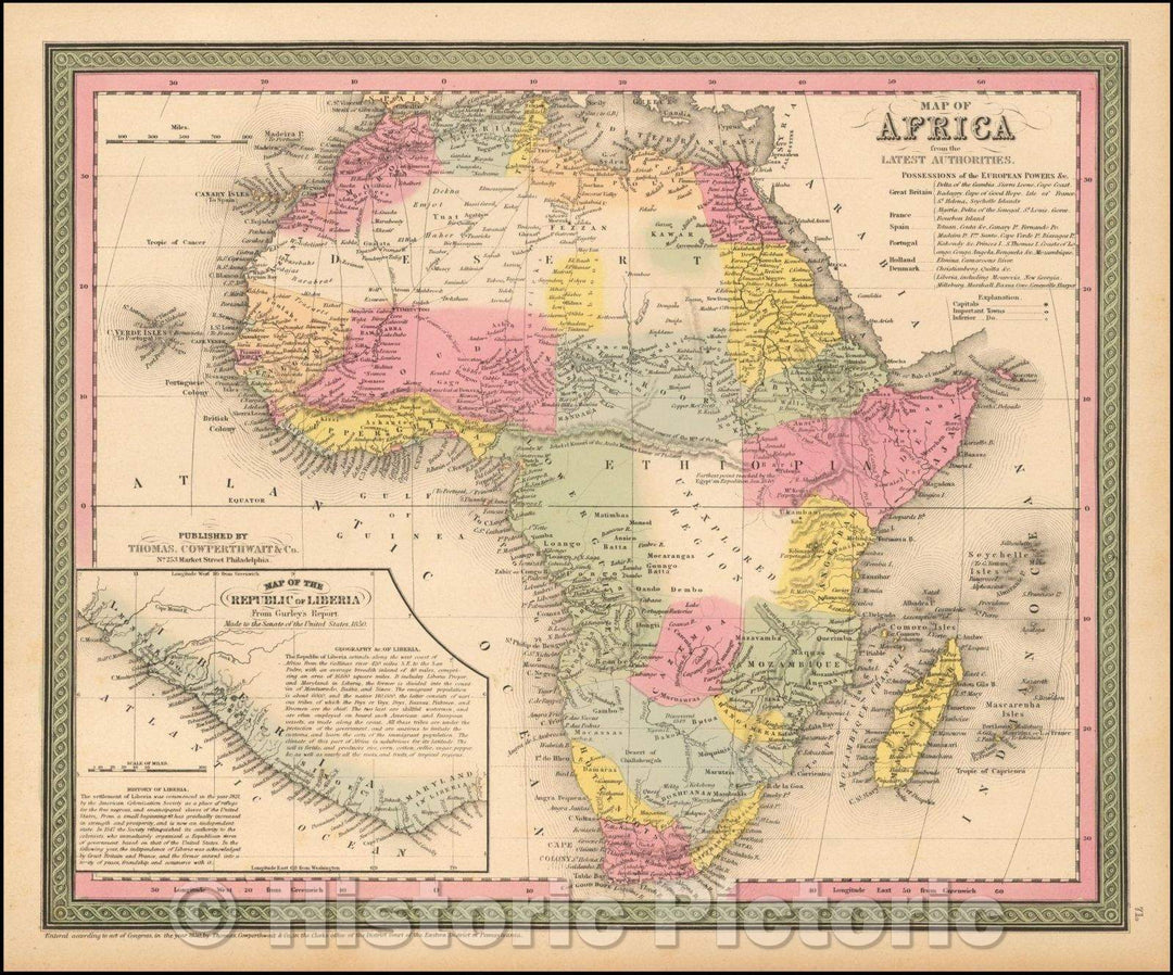 Historic Map - Map of Africa from the Latest Authorities, 1852, Thomas, Cowperthwait & Co. - Vintage Wall Art