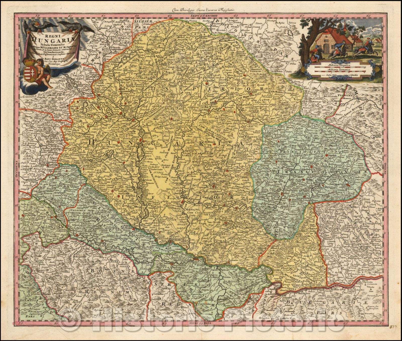 Historic Map - Regni Hungariae Tabula Generalis archetypo Mulleriano SCM Capit et Ingr :: Hungary General Mulleriano SCM model and enter the landlord, 1720 - Vintage Wall Art