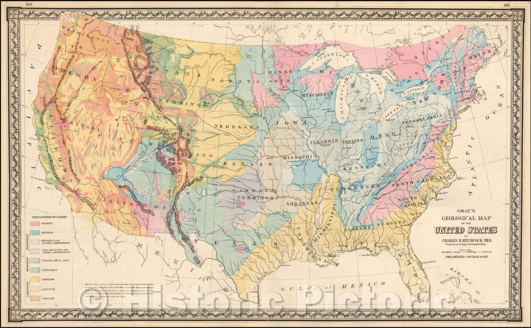 Historic Map - Gray's Map of the United States Showing the Principal Geological Formations, 1876, O.W. Gray & Son - Vintage Wall Art