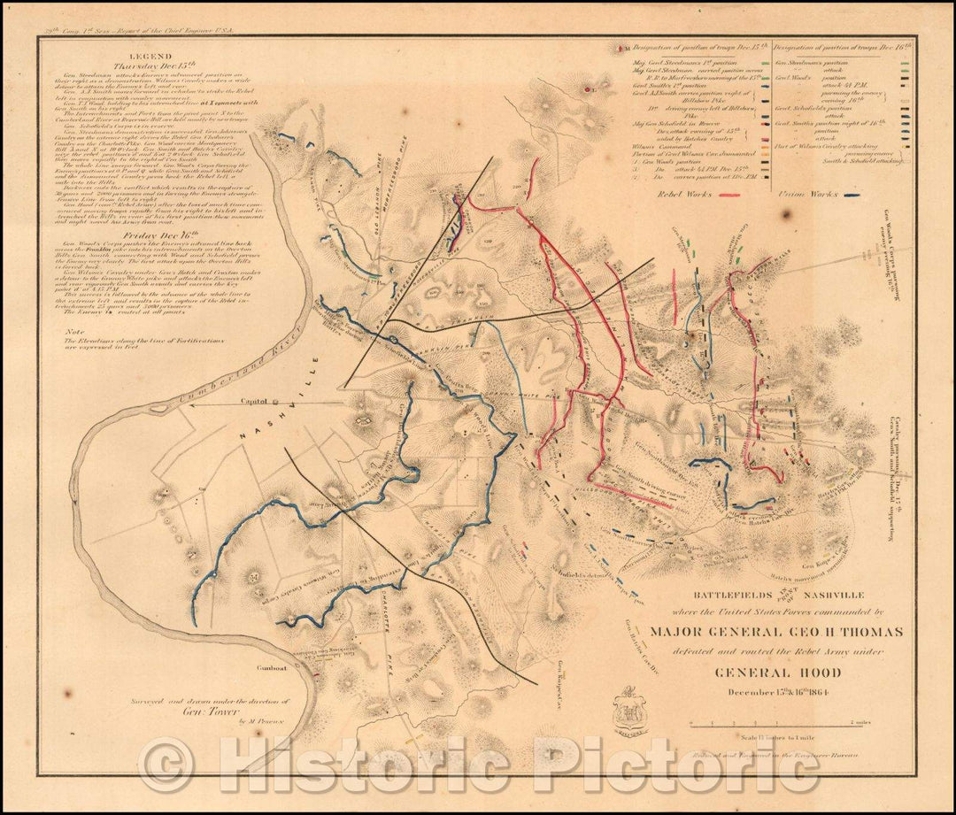 Historic Map - Battlefields in Front of Nashville where the United States Forces commanded, 1866, Bowen & Co. - Vintage Wall Art