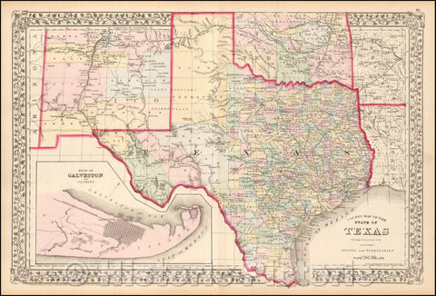 Historic Map - County Map of The State of Texas Showing also portions of the Adjoining States and Territories, 1874, Samuel Augustus Mitchell Jr. - Vintage Wall Art