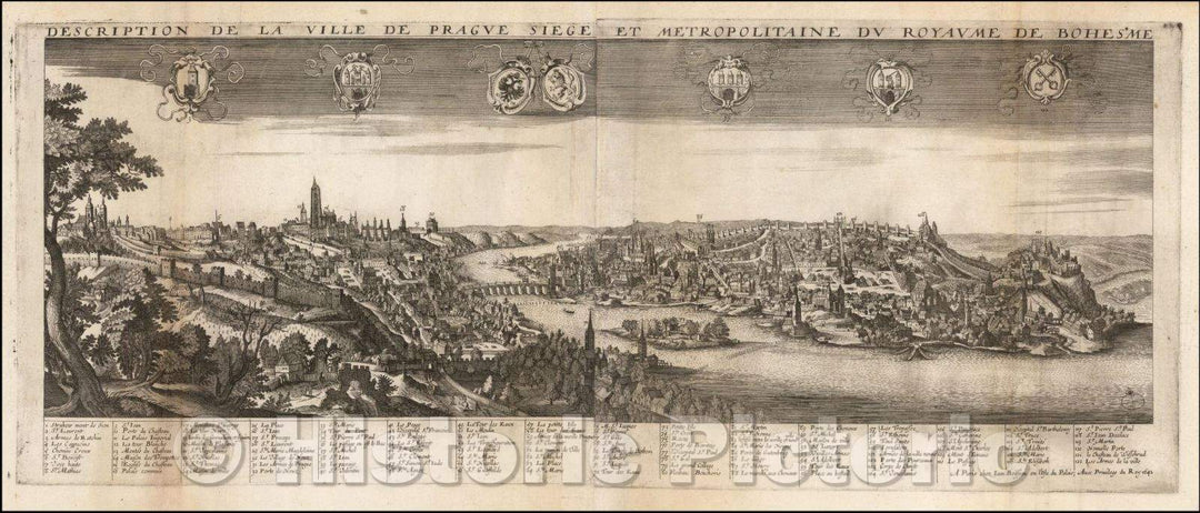 Historic Map - Description De La Ville De Prague Siege et Metropolitaine Du Royaume De Bohesme/View of Prague, published in Paris by Jean BoisSeau, 1642 - Vintage Wall Art