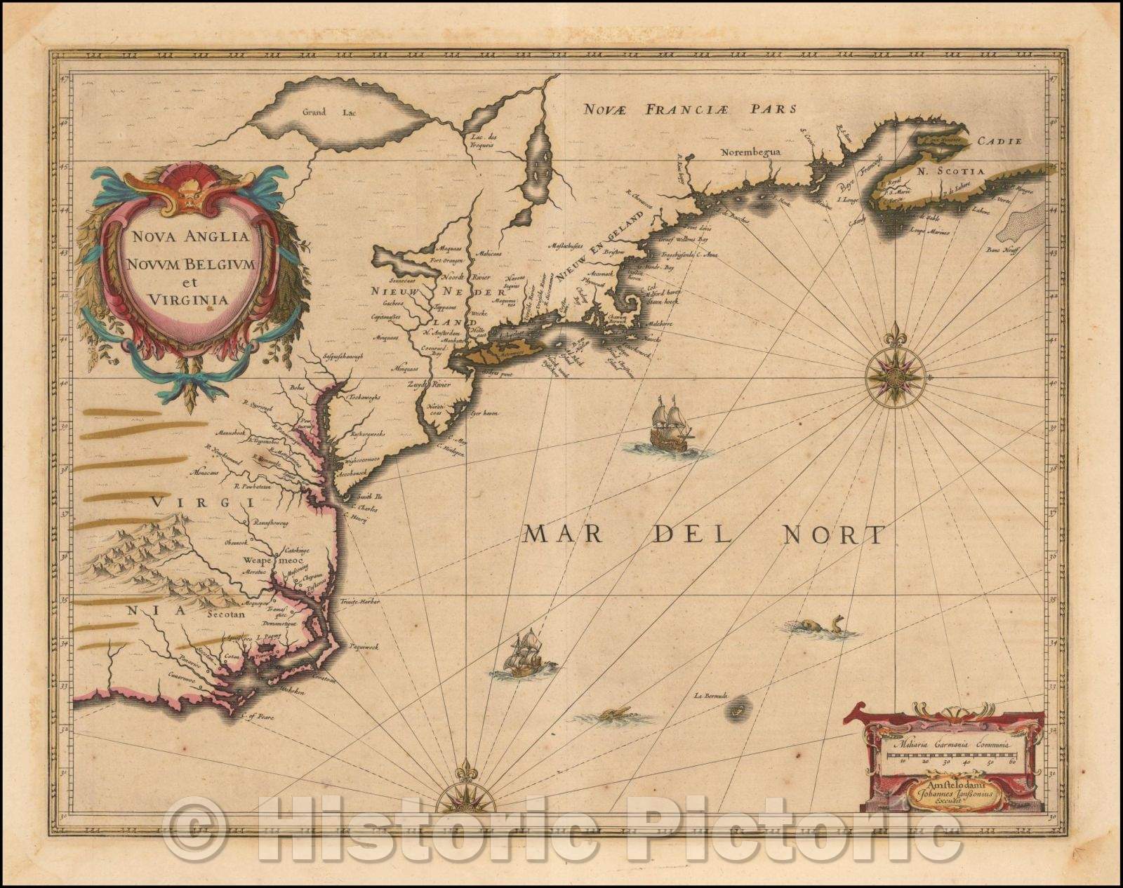 Historic Map - Nova Anglia Novum Belgium et Virginia/New England and New Belgium Virginia, 1637, Jan Jansson - Vintage Wall Art