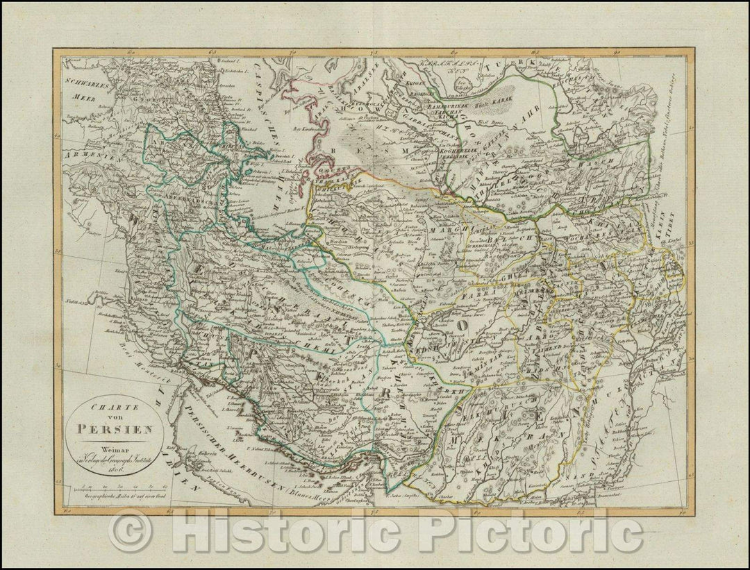 Historic Map - Charte von Persien/Map of the Persian Empire, published in Weimar in 1806, 1806, Weimar Geographische Institut - Vintage Wall Art