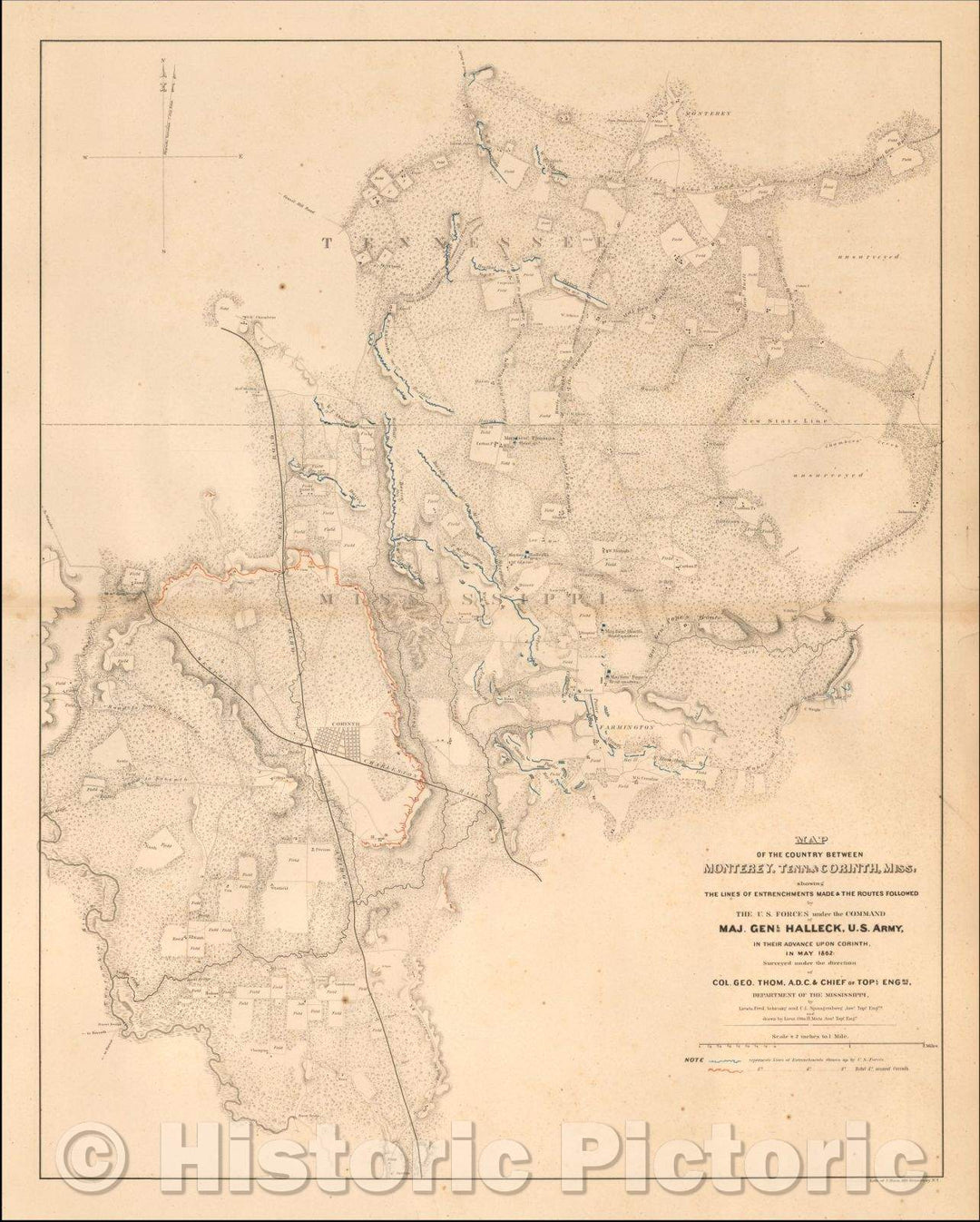 Historic Map - Map of the Country between Monterey, Tenn. & Corinth, Miss; showing The Lines of Entrenchments Made, 1862, Julius Bien & Co. - Vintage Wall Art