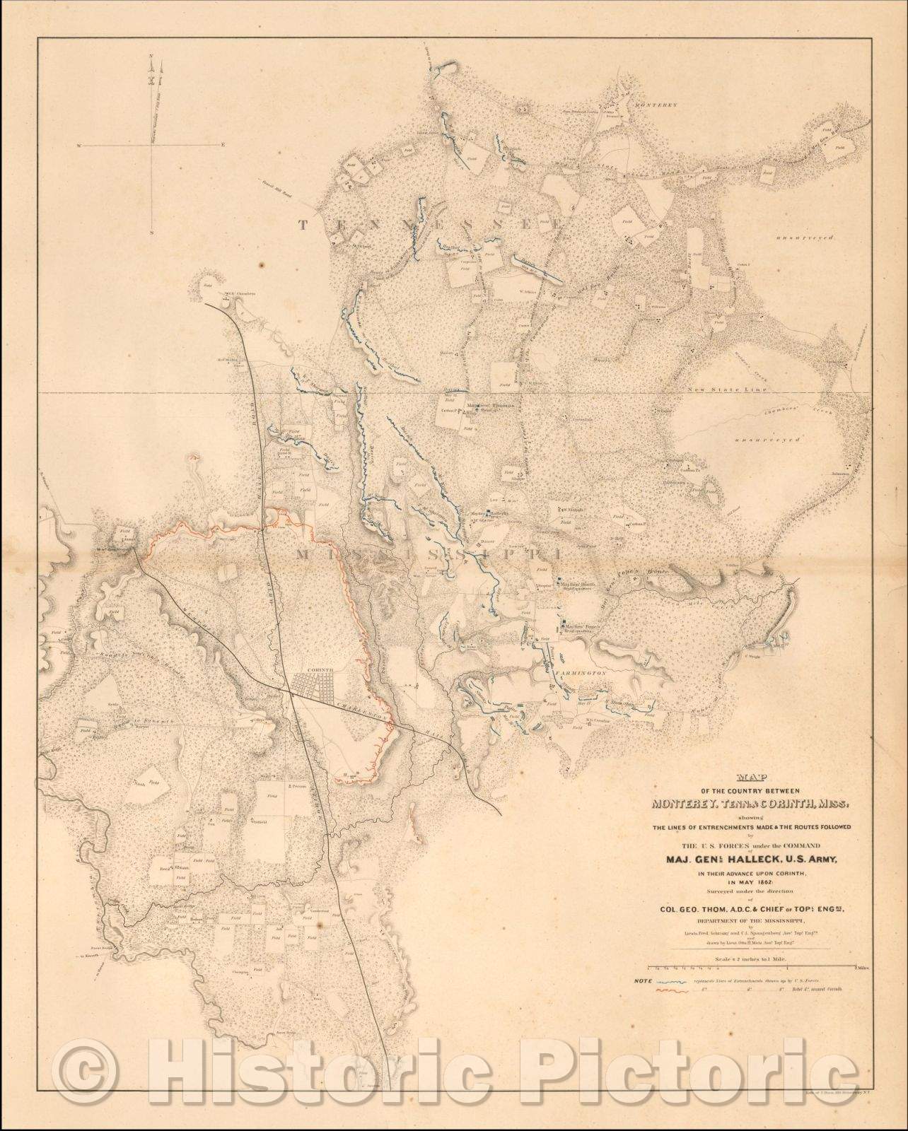 Historic Map - Map of the Country between Monterey, Tenn. & Corinth, Miss; showing The Lines of Entrenchments Made, 1862, Julius Bien & Co. - Vintage Wall Art