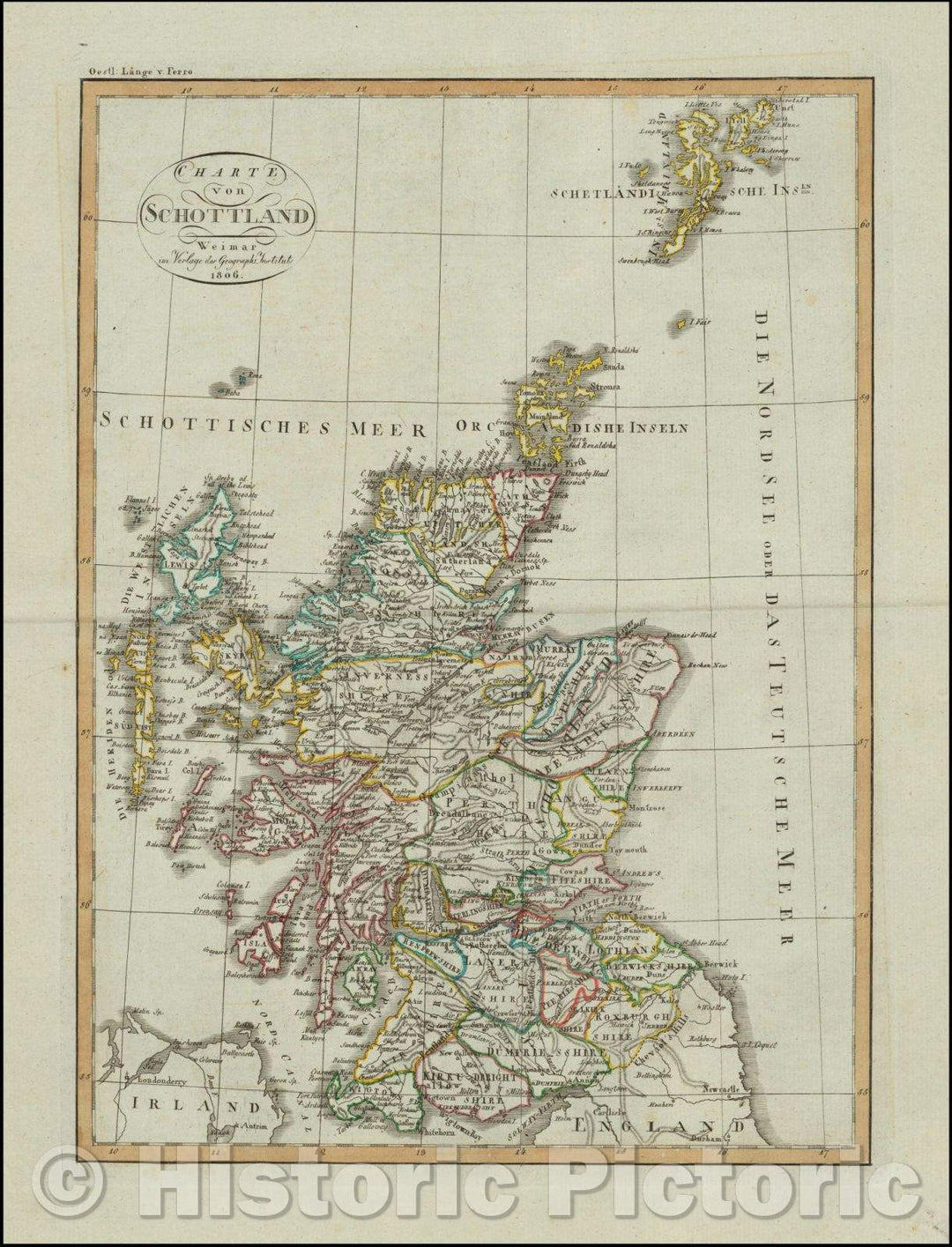 Historic Map - Charte von Schottland/Map of Scotland and the Shetland Islands, published in Weimar in 1806, 1806, Weimar Geographische Institut - Vintage Wall Art