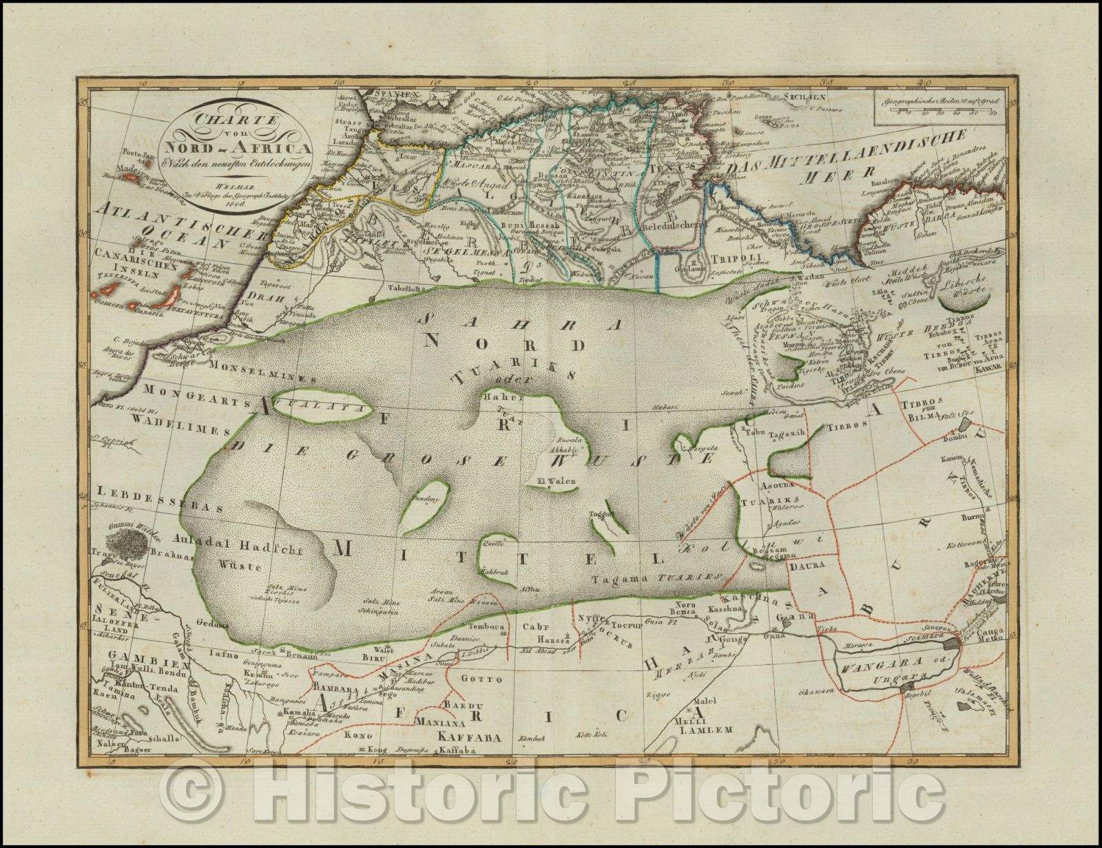 Historic Map - Charte von Nord-Africa Nach den neuesten Entdeckungen/Map of North Africa, 1806, 1806, Weimar Geographische Institut - Vintage Wall Art