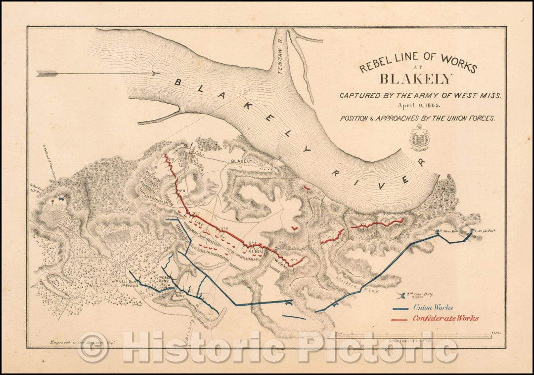 Historic Map - Rebel Line of Works At Blakely Captured, 1865, United States Bureau of Topographical Engineers - Vintage Wall Art