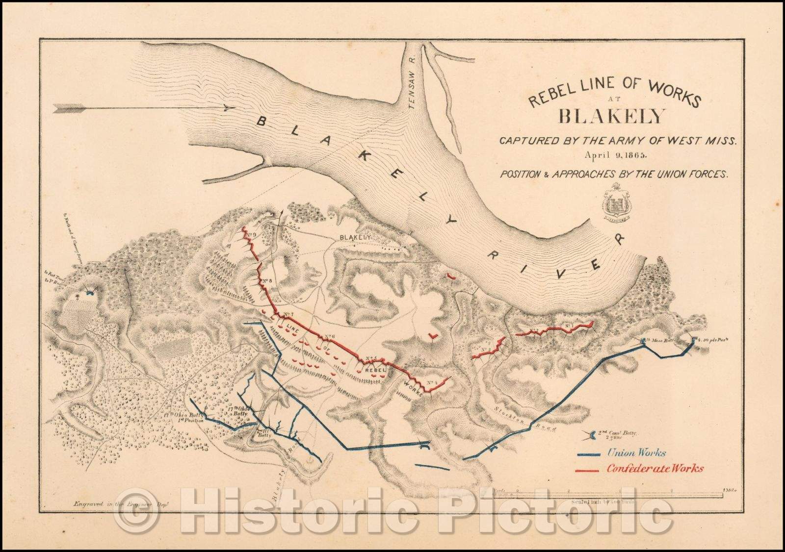 Historic Map - Rebel Line of Works At Blakely Captured, 1865, United States Bureau of Topographical Engineers - Vintage Wall Art