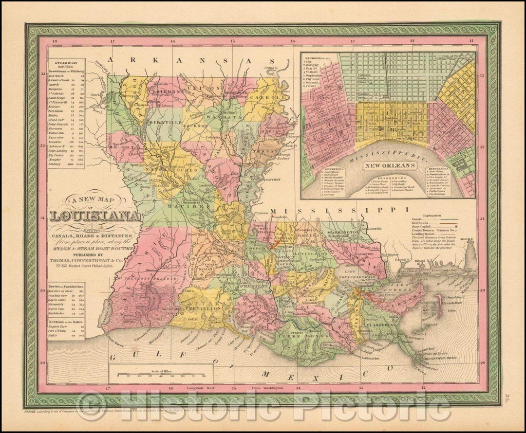 Historic Map - Louisiana with its Canals, Roads, Distances from Place to Place, along the Stage & Steam Boat RoutesLarge inset of New Orleans, 1853 - Vintage Wall Art