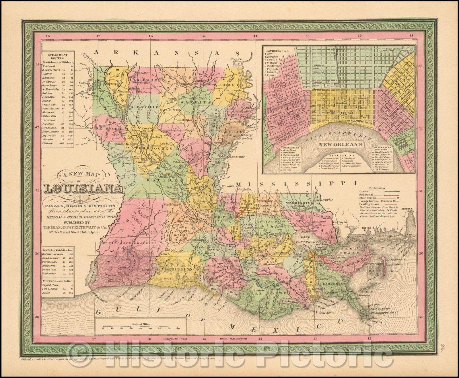 Historic Map - Louisiana with its Canals, Roads, Distances from Place to Place, along the Stage & Steam Boat RoutesLarge inset of New Orleans, 1853 - Vintage Wall Art