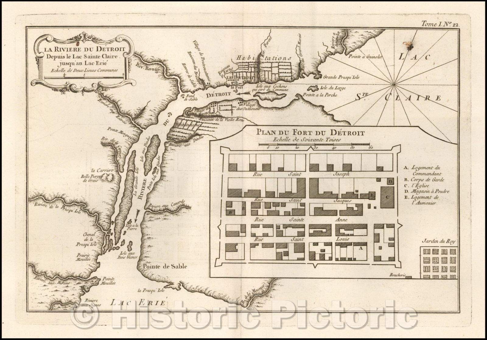 Historic Map - Detroit La Riviere Du Detroit Depuis le Lac Sainte Claire jusqu'au Lac Erie/Lake Erie, 1764, Jacques Nicolas Bellin v1