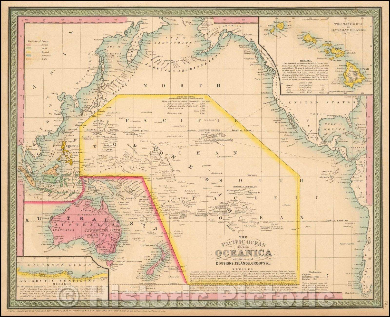 Historic Map - The Pacific Ocean Including Oceanica with its several Divisions, Groups, 1852, Thomas Cowperthwait & Co. - Vintage Wall Art