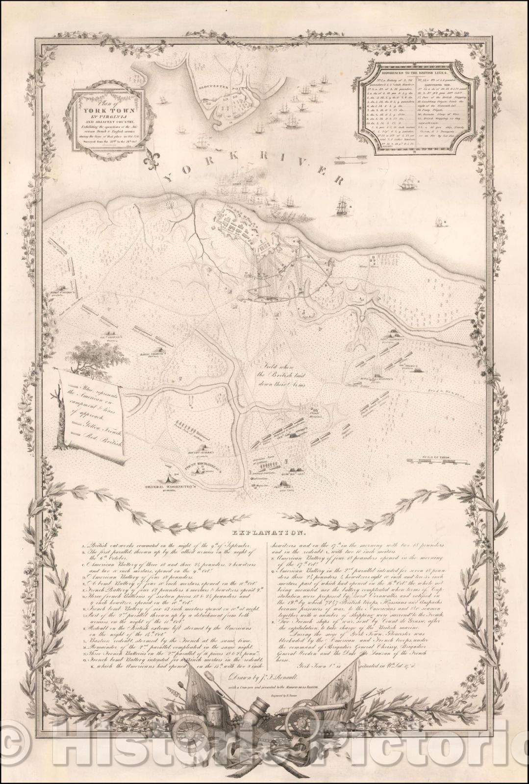 Historic Map - Plan of York Town in Virginia And Adjacent Country, Exhibiting the operations of the American French and British armies, 1825 - Vintage Wall Art